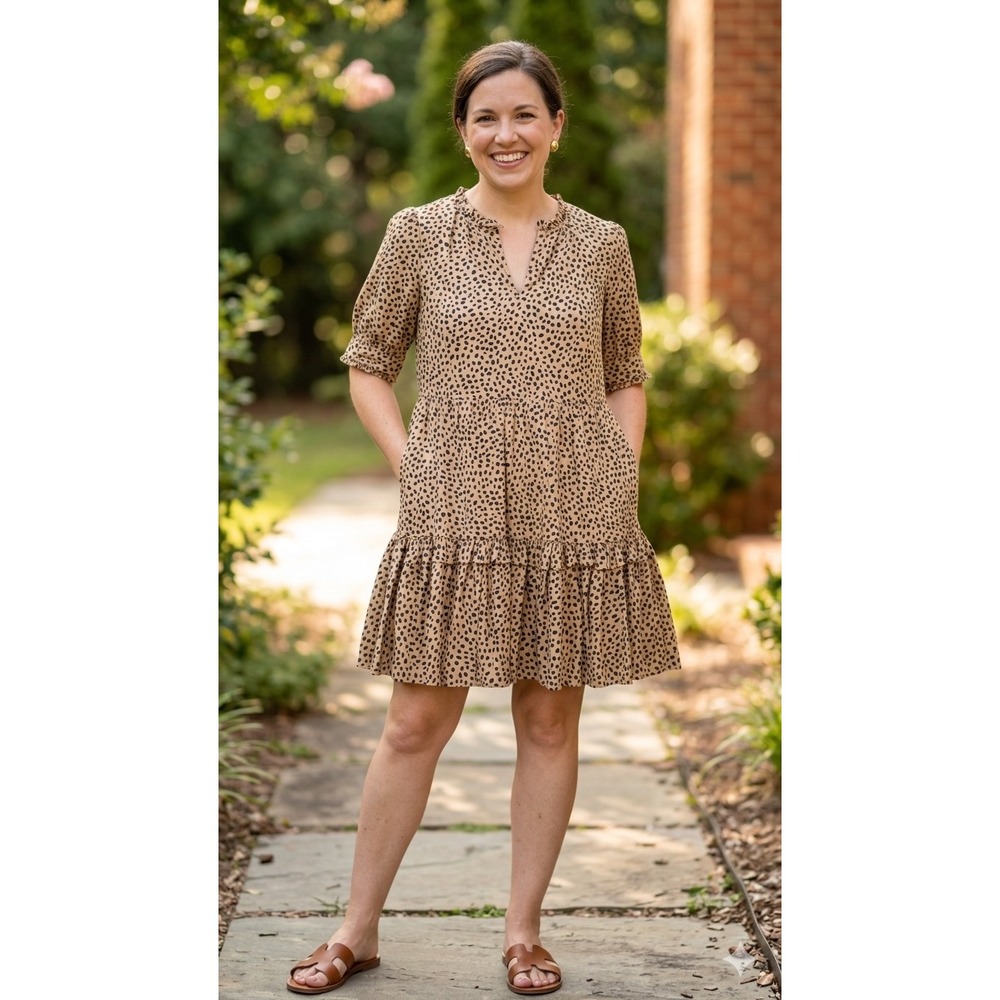 J.Crew Tiered Mini Dress Tan Black Leopard Animal Print Womens Size Ss\